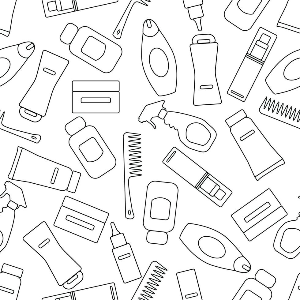 Vector seamless pattern of beauty products spray, comb, balm, oil, lotion in vector. Linear style, isolated on white. Fashion design.