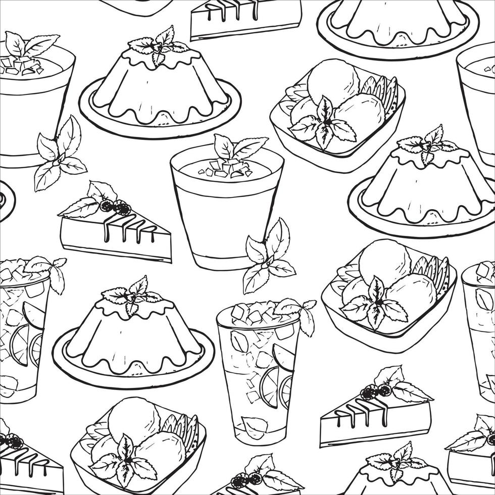 Seamless pattern with desserts and drinks. Black and white line style. Ice cream, pudding, cheesecake, lemonade, mint leaves. Hand drawn. vector