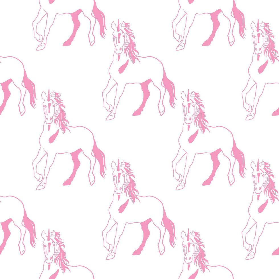 Modern line art with pattern pink line unicorns on white background. Fantasy pastel pink color. Fashion sketch. Animal vector illustration.