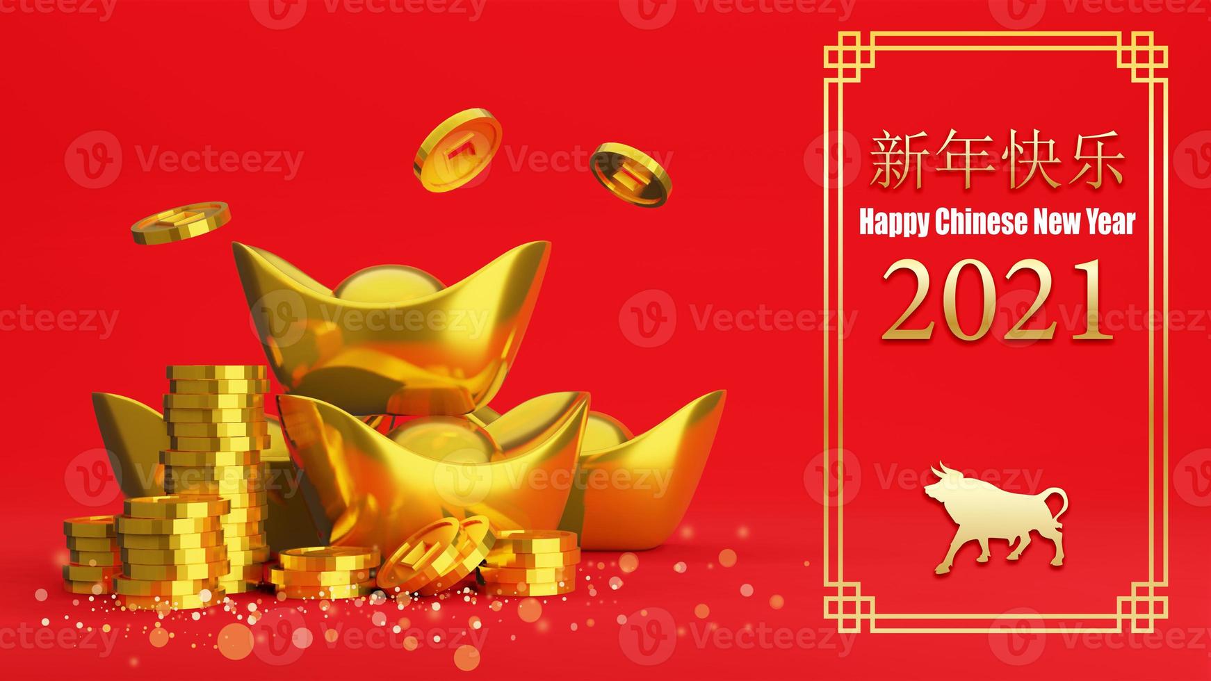 Happy chinese new year with Gold coins and Chinese gold ingot on red background , 3D Rendering photo