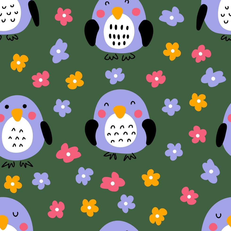 pingüinos de verano dibujados a mano con flores de patrones sin fisuras. vector