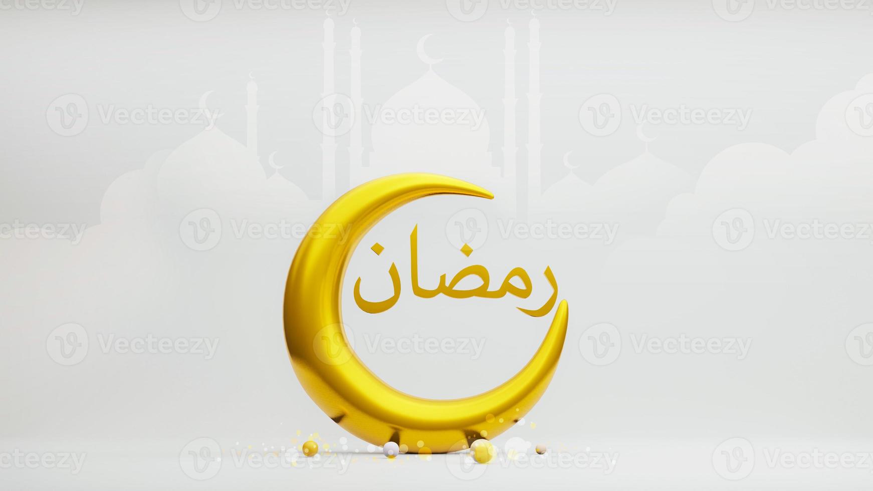 Crescent moon symbol of islam with Ramadan Arabic Alphabet , 3d rendering photo
