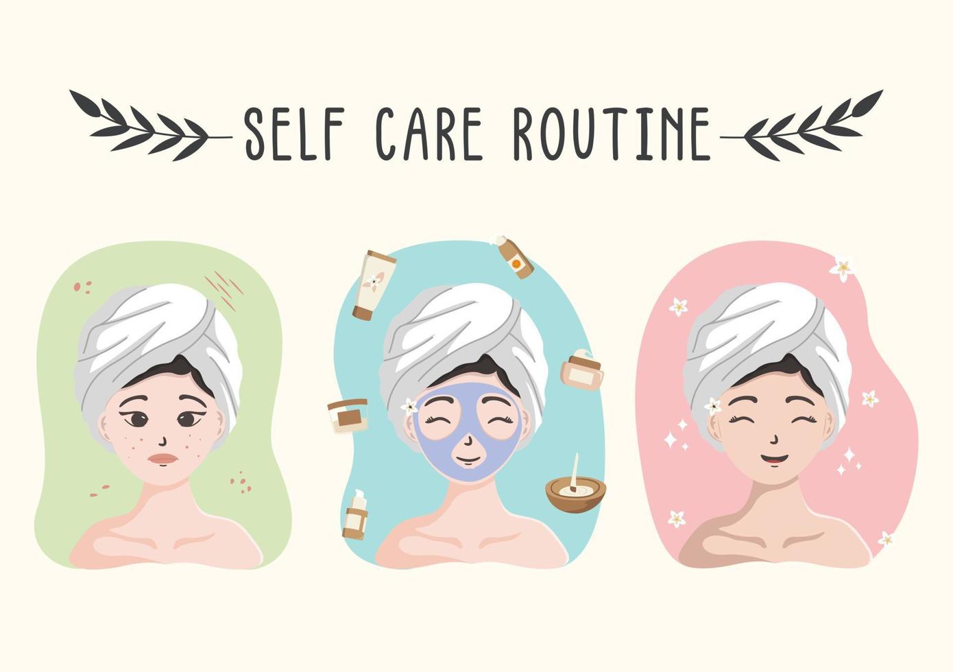 cartoon illustration of young woman self-care routine with skincare vector