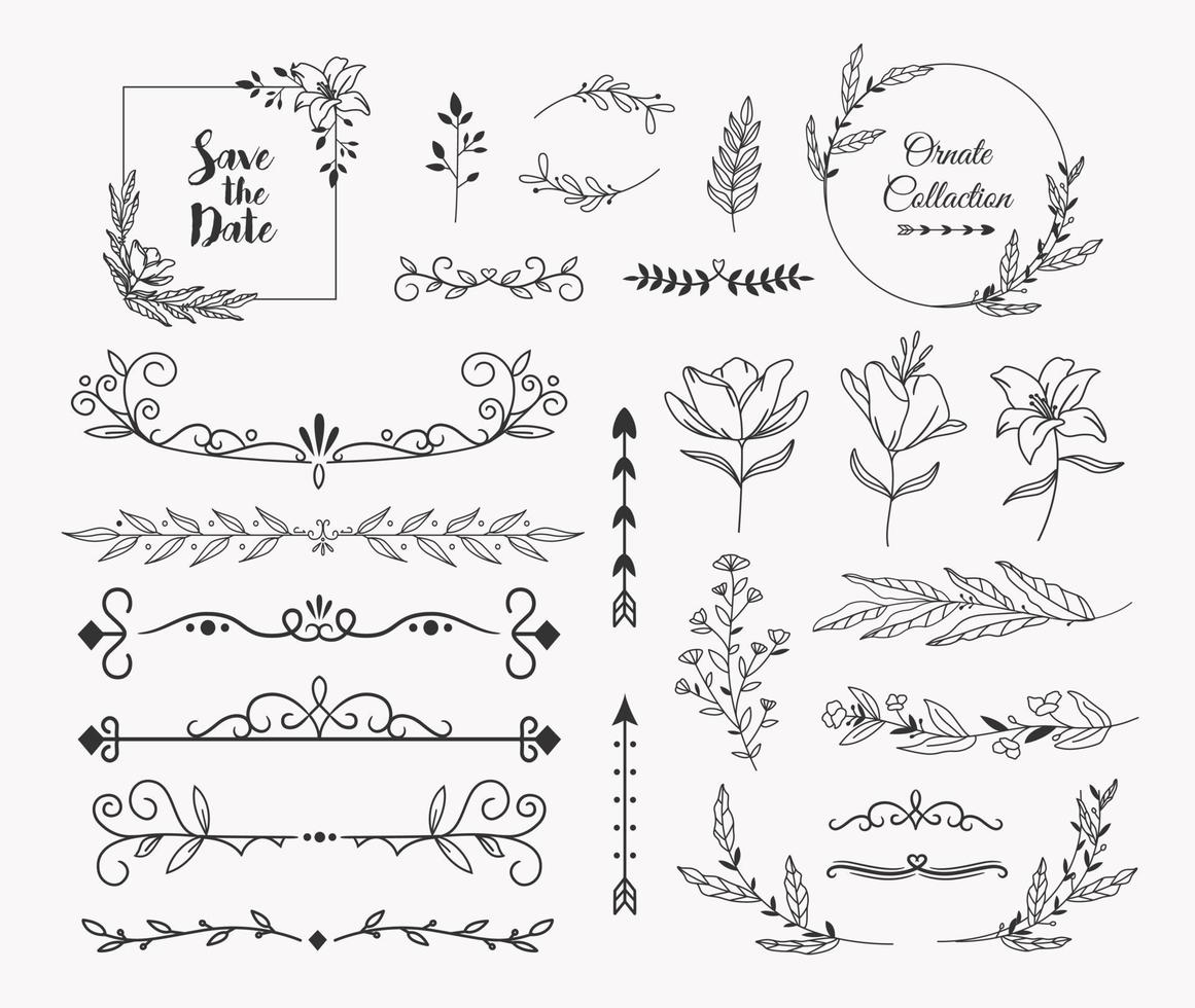 colección de adornos de boda decorativos dibujados a mano vector