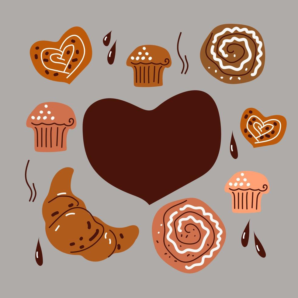 Set menu bakery dessert products doodle sketch hand drawn style, cupcake, croissant, bun, vector elements for menu, banner.