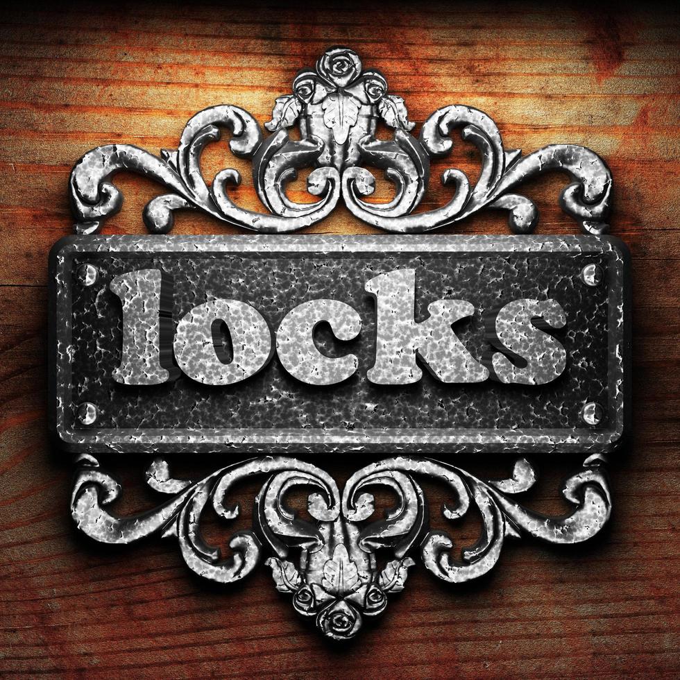 locks word of iron on wooden background photo