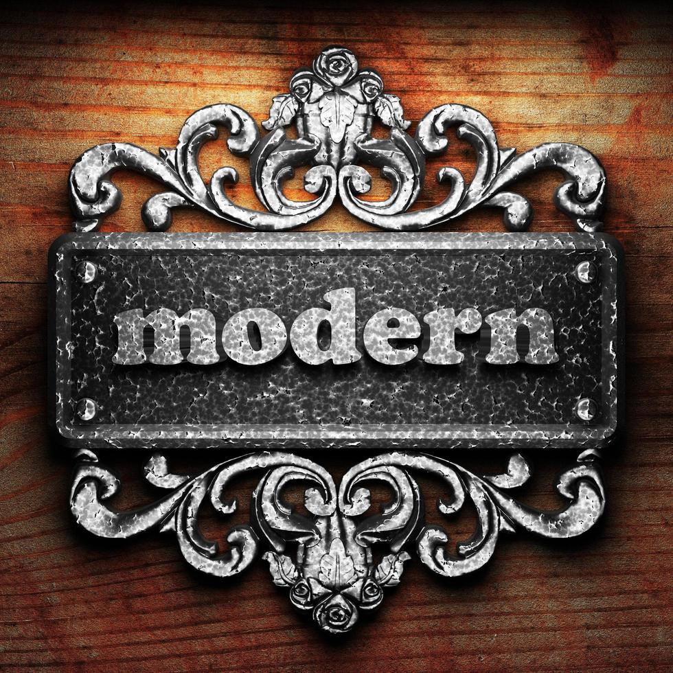 modern word of iron on wooden background photo