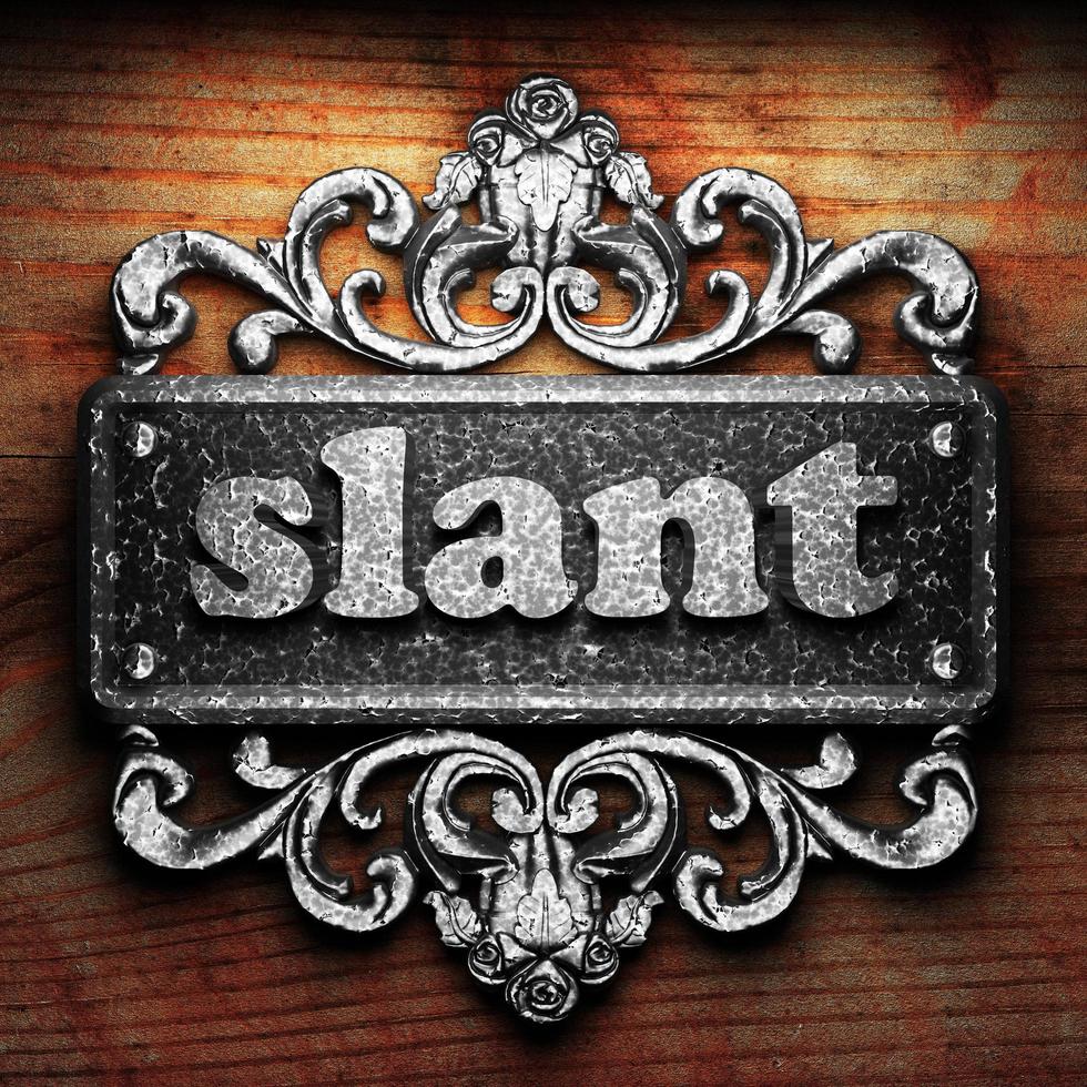 slant word of iron on wooden background photo