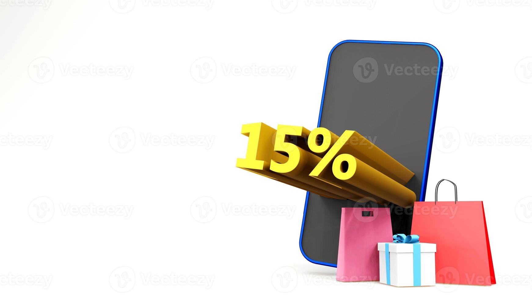 15 percent symbol with shopping bag and smartphone , 3D render isolated background photo