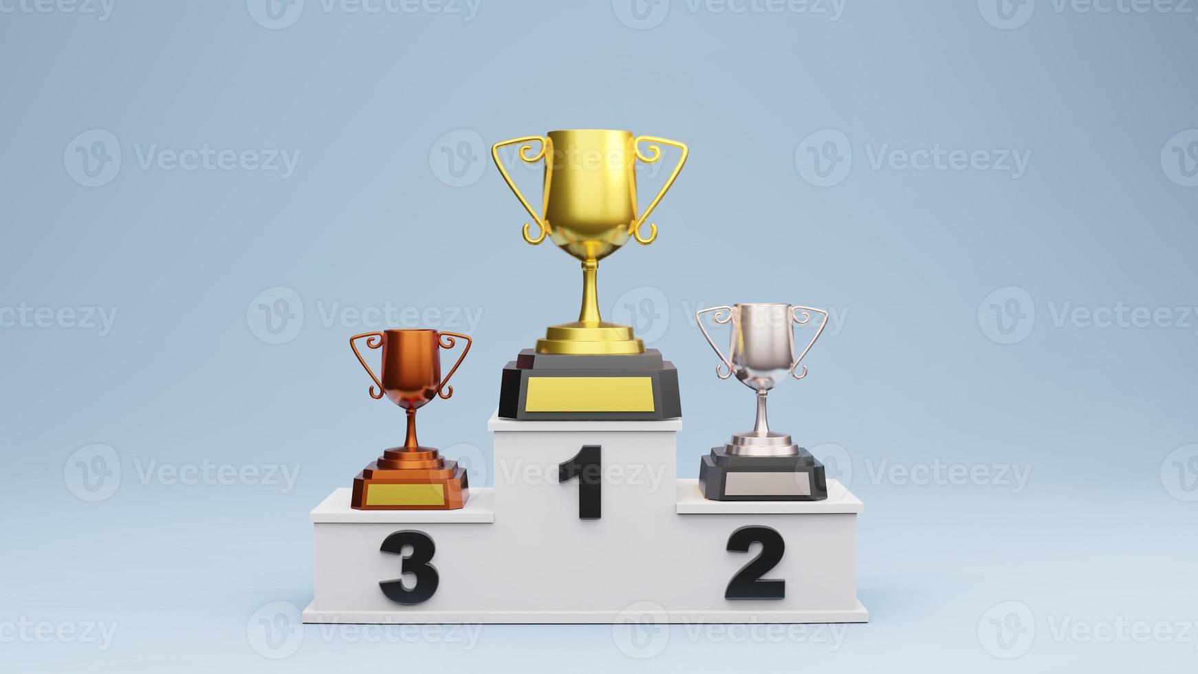 podio ganador con representación 3d de la copa de trofeo de oro foto