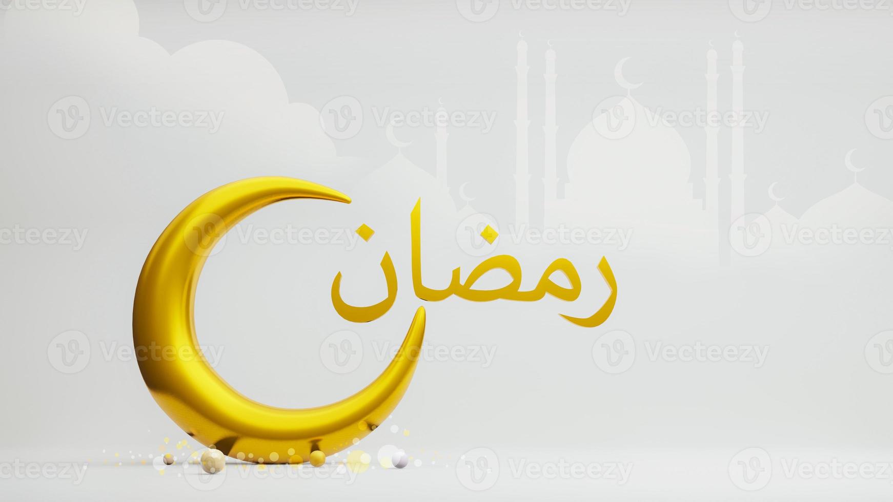 Crescent moon symbol of islam with Ramadan Arabic Alphabet , 3d rendering photo