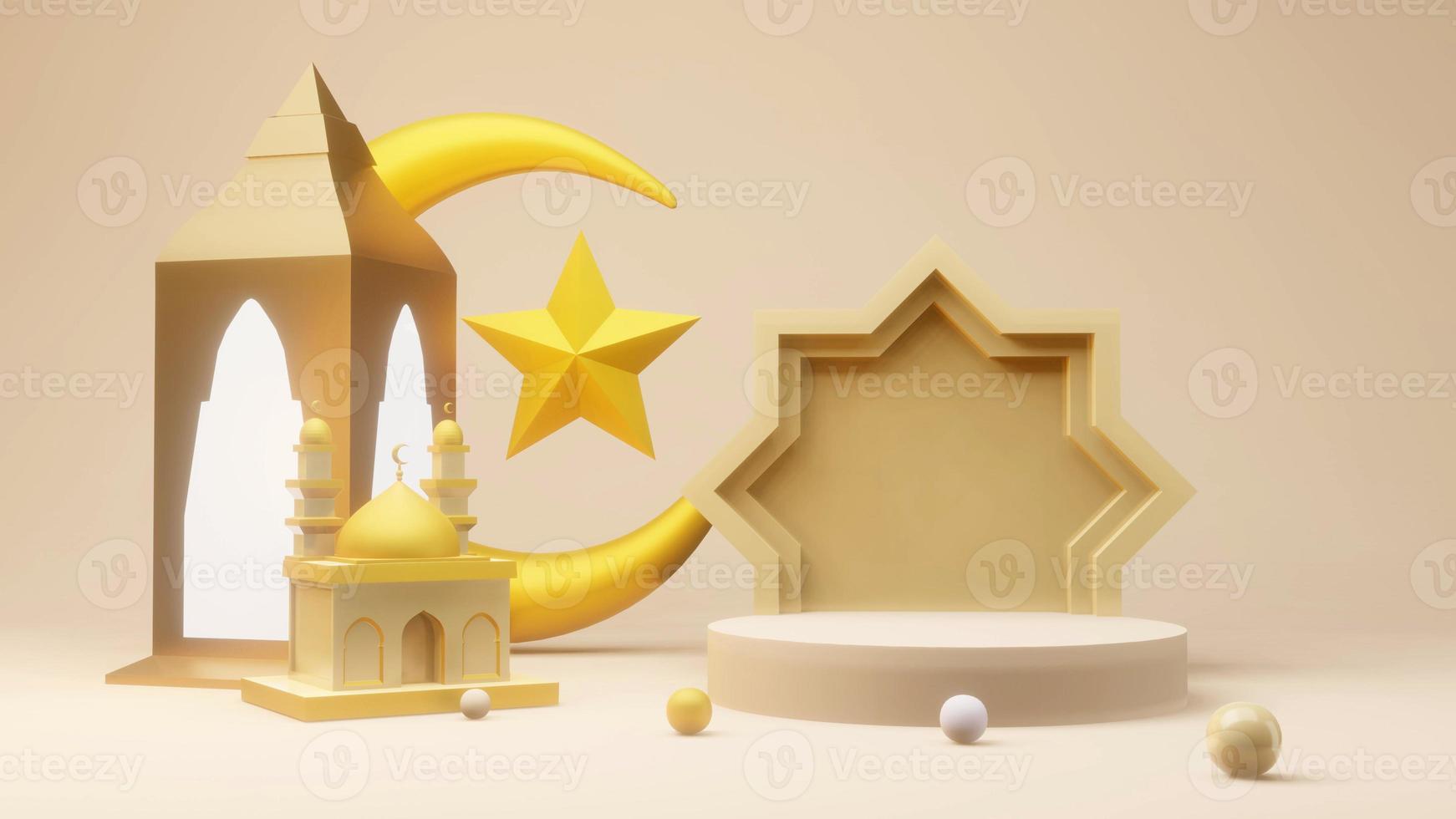 Crescent moon and stars golden with Mosque Islamic symbol 3D rendering photo