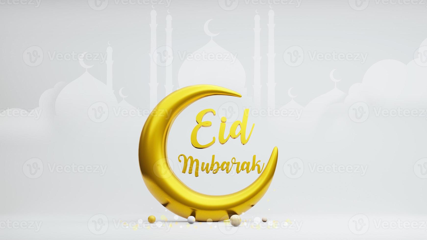 Crescent moon symbol of islam with Eid mubarak Alphabet , 3d rendering photo