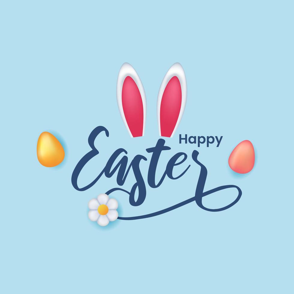 Happy easter lettering with bunny ear and egg flower concept for social media vector