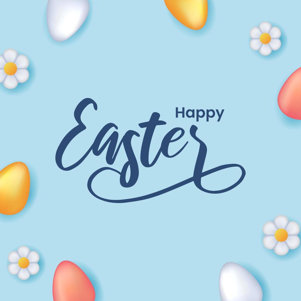 Happy easter flat lay top view with egg and flower decoration and blue background vector