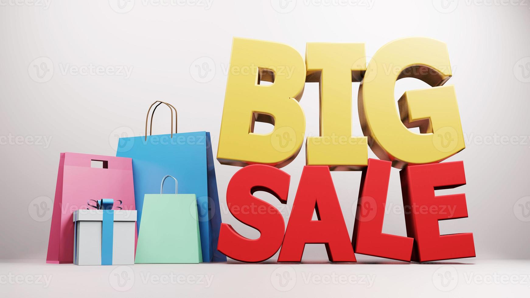 3D render big sale with shopping bag isolated background. 3D illustration photo