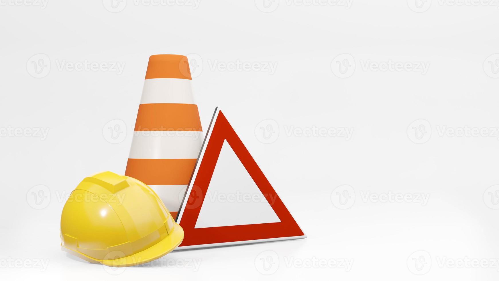 Traffic cones road cones safety helmet and road sign 3d rendering photo