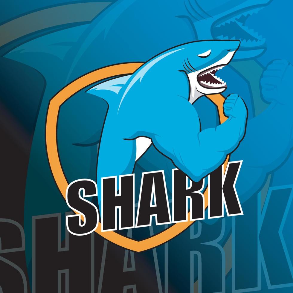 Muscled shark sport gaming mascot logo. Vector illustration