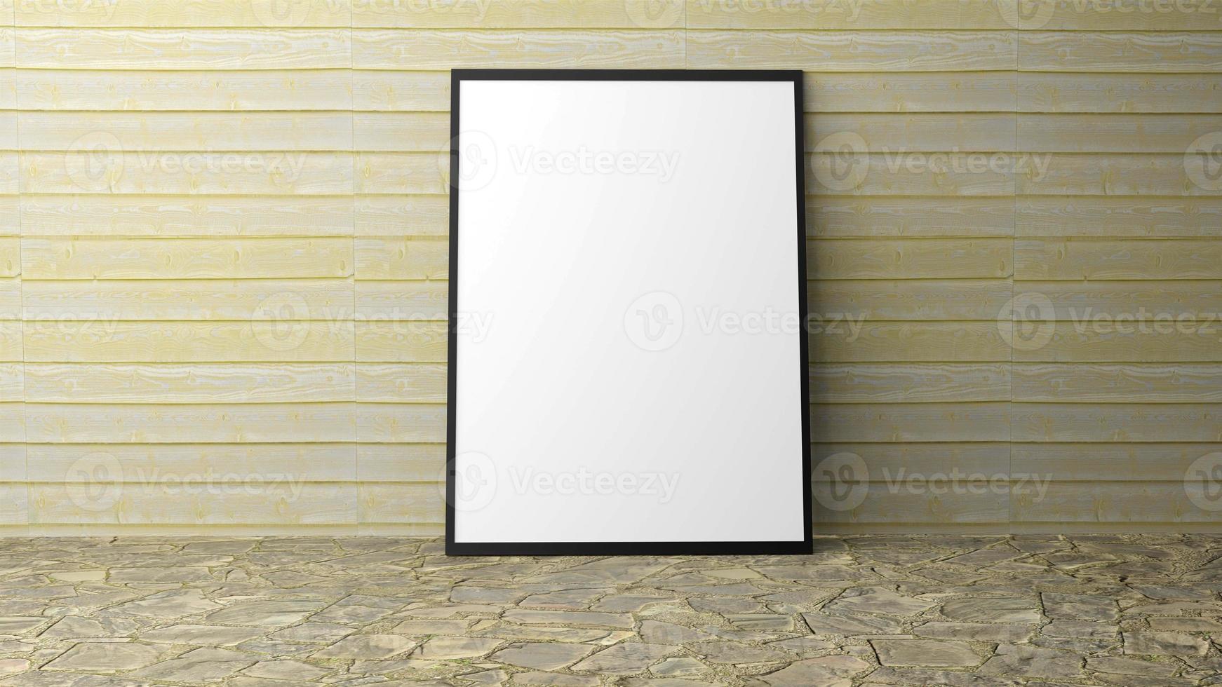 Picture frame with wood background , 3d rendering photo