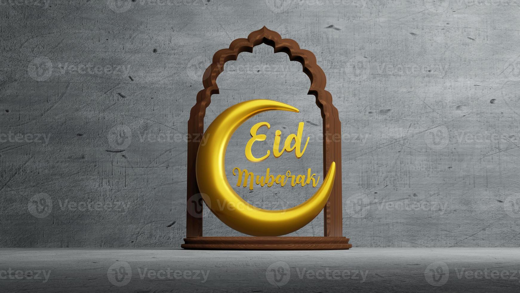 Crescent moon symbol of islam with Eid mubarak Alphabet , 3d rendering photo