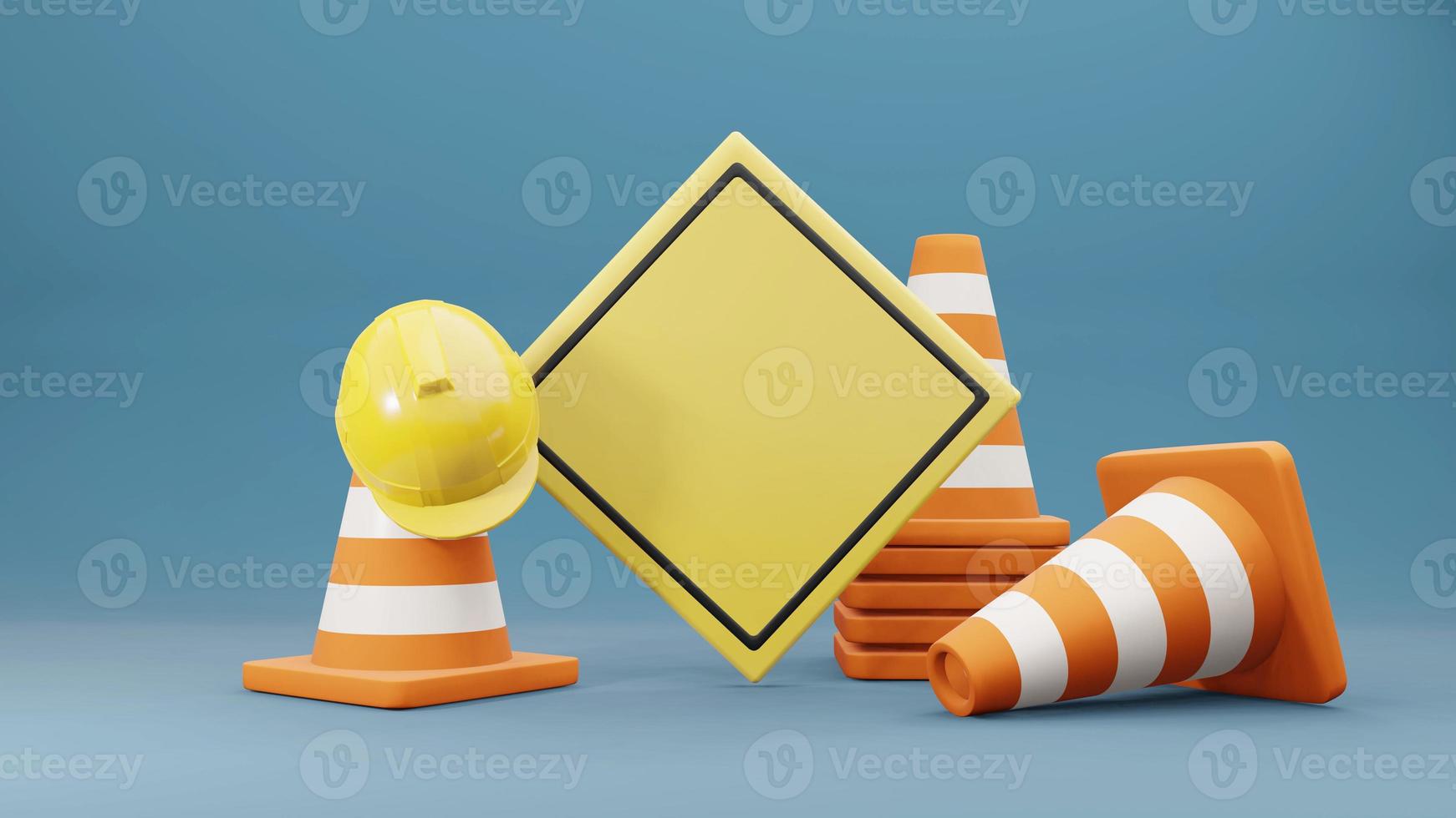 Traffic cones road cones safety helmet and road sign 3d rendering photo