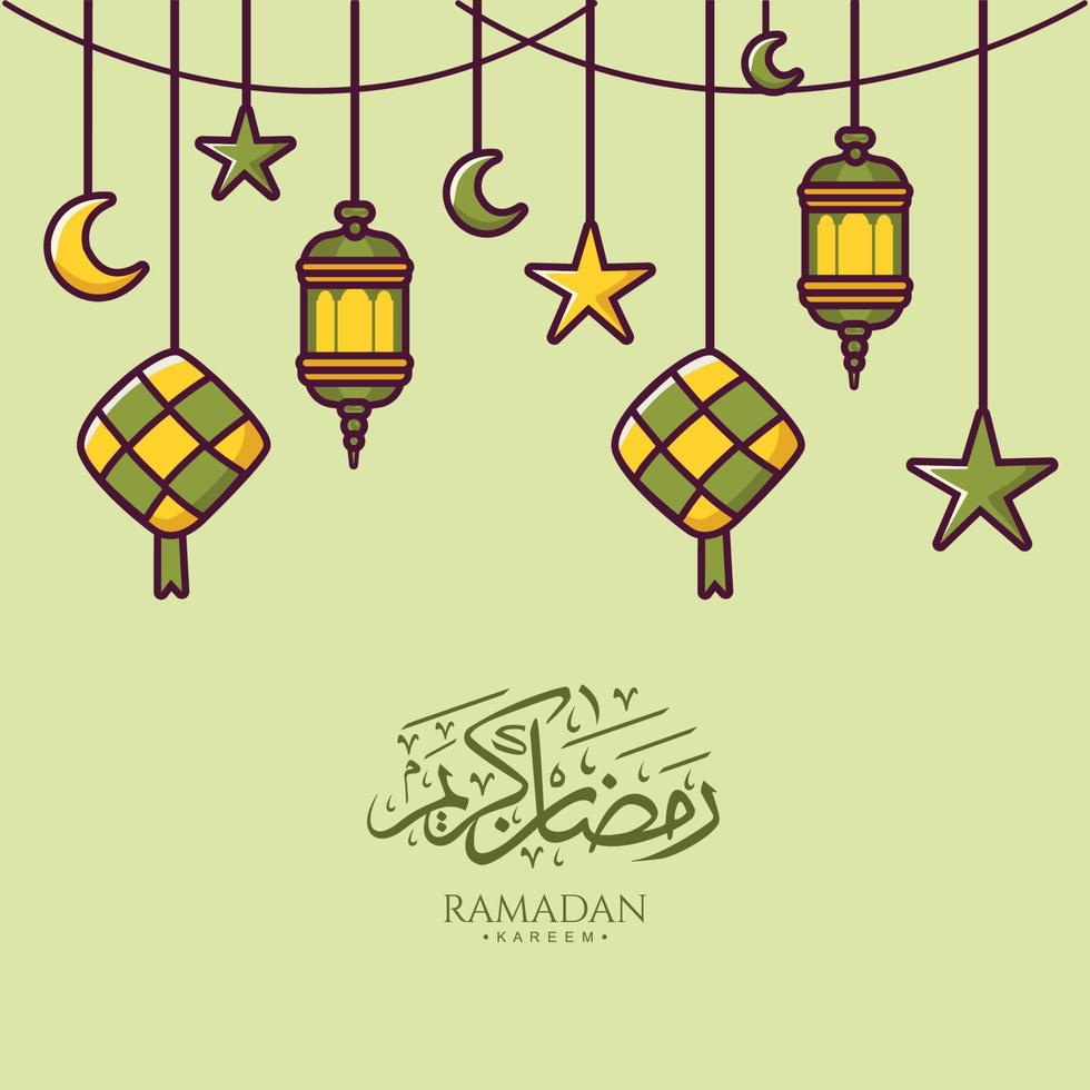 ramadan kareem banner with hand drawn islamic illustration ornament white ketupat and lantern background vector