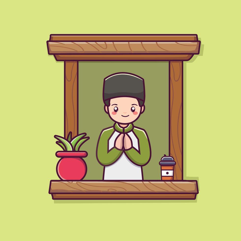 Illustration of muslim people communicate through window home in ramadan kareem and eid mubarak vector