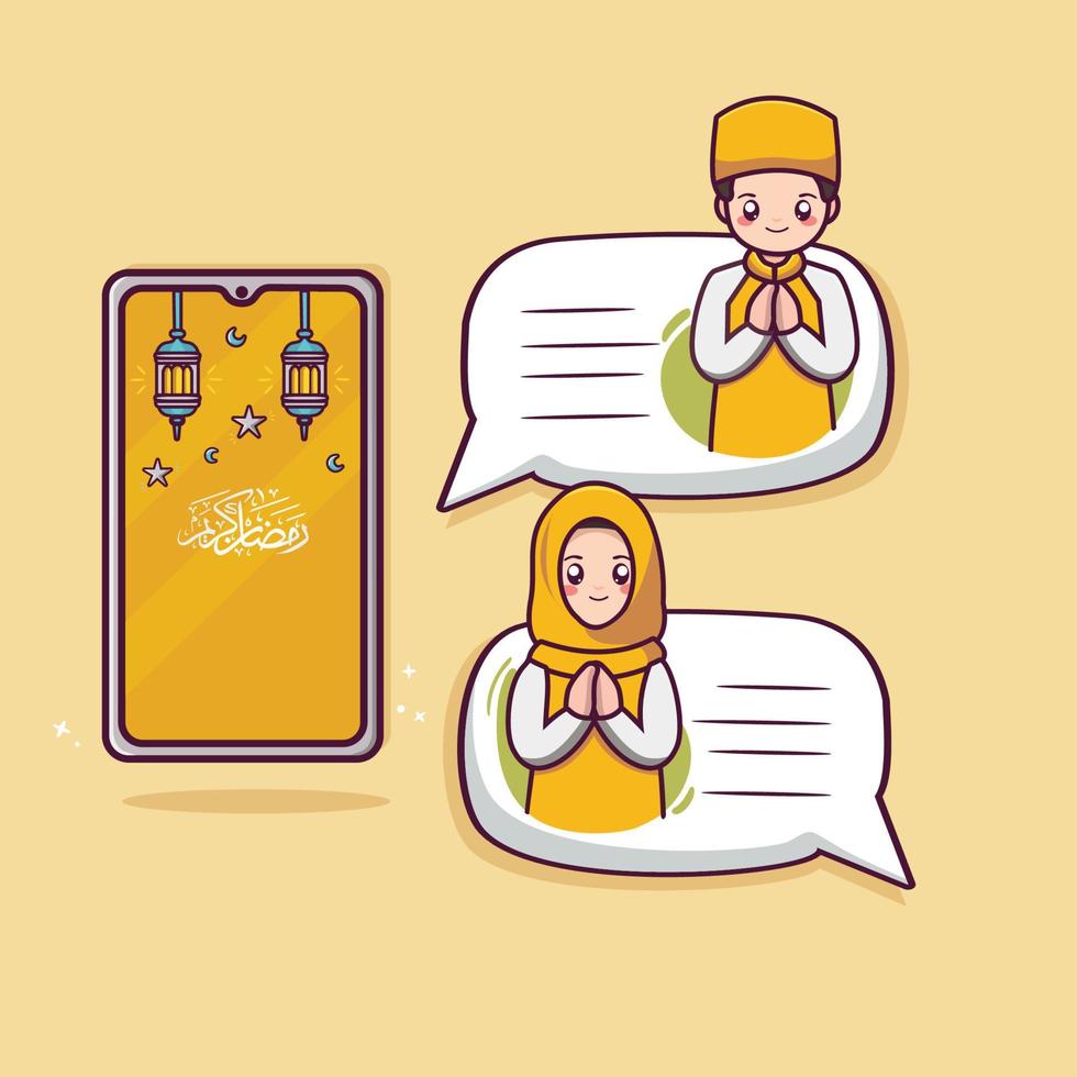 Two moslem send messages to each other via cell phone with ramadan kareem concept vector