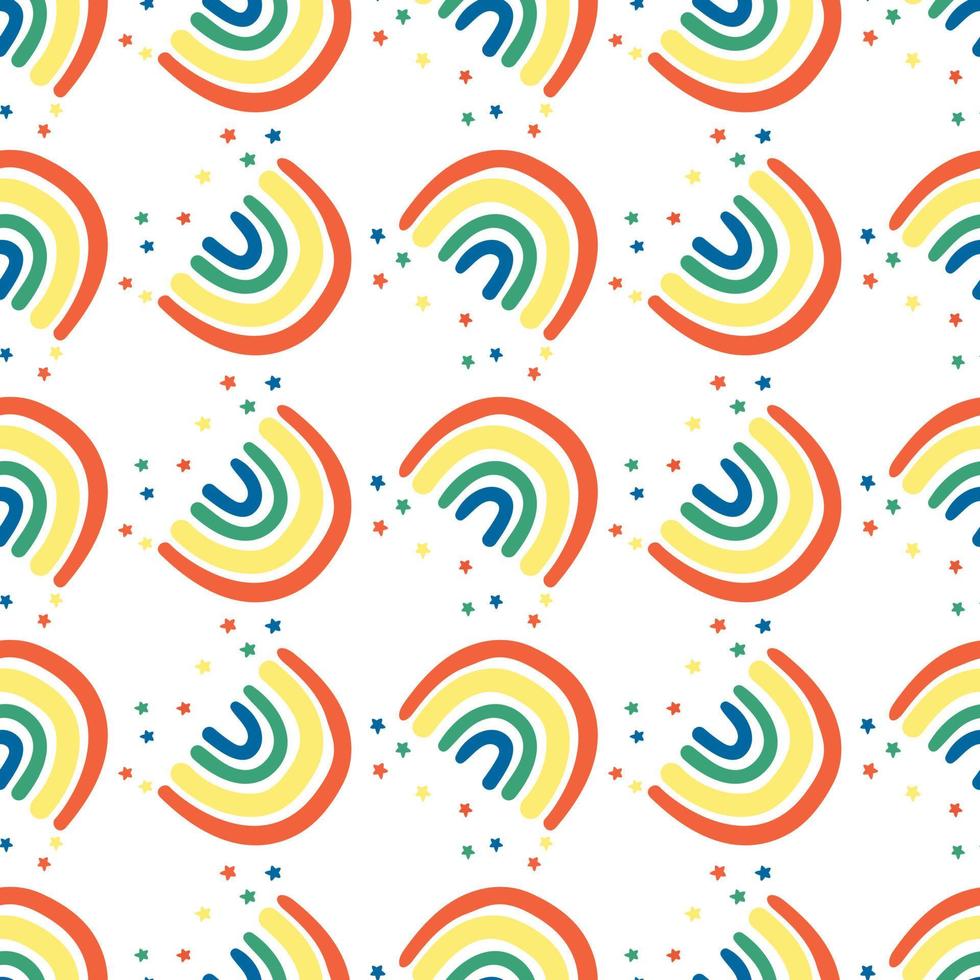 Colorful rainbows with stars seamless vector repeat pattern Isolated on white background. bright neon colors with sketched stars, thick sloppy marker.