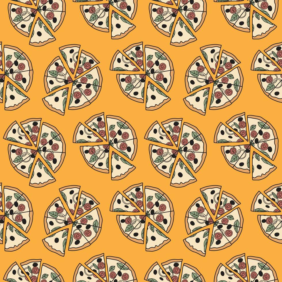 Pizza seamless vector pattern isolated on Yellow background. Fast food seamless vector.