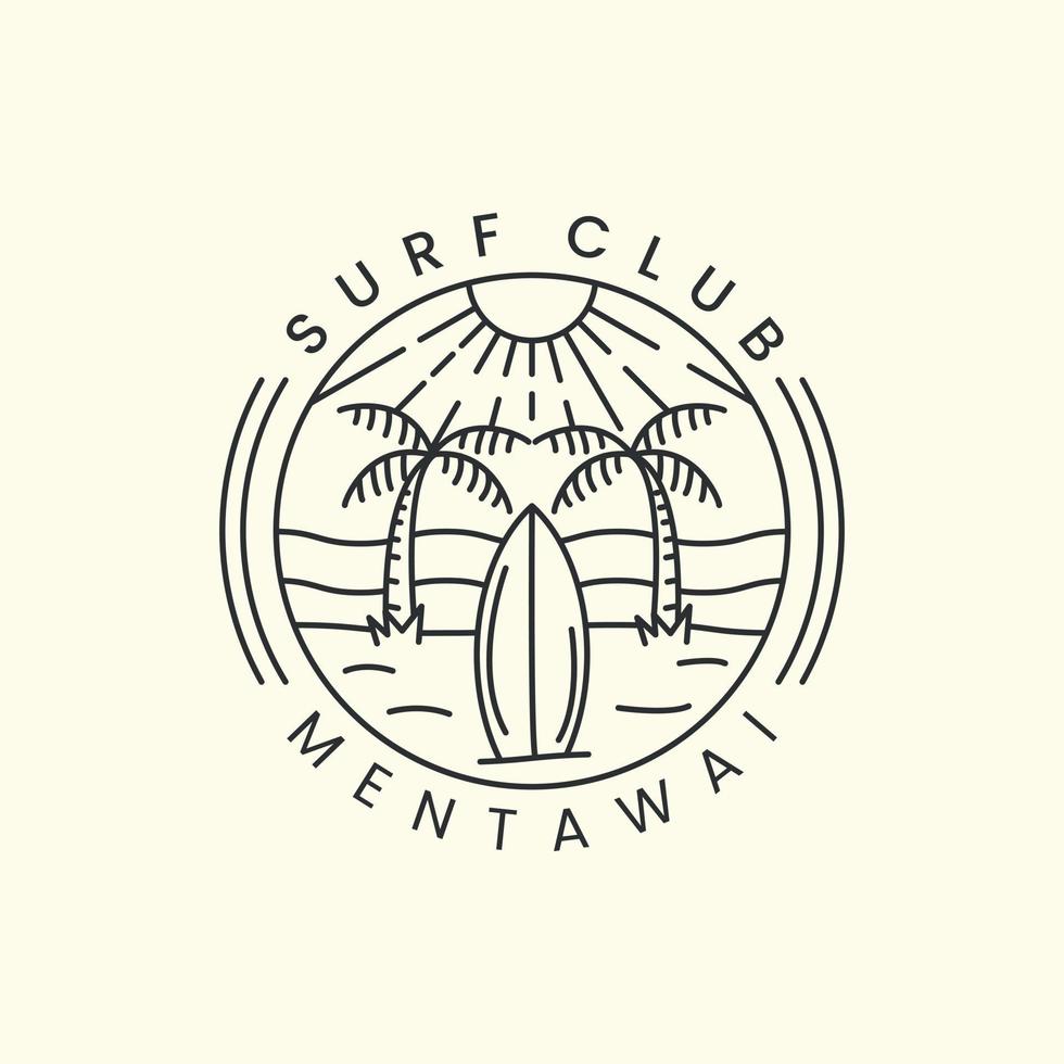 club de surf playa mentawai con emblema y diseño de plantilla de icono de logotipo de estilo de arte de línea. palmera, sol, hierba, california, paraíso, ilustración vectorial vector