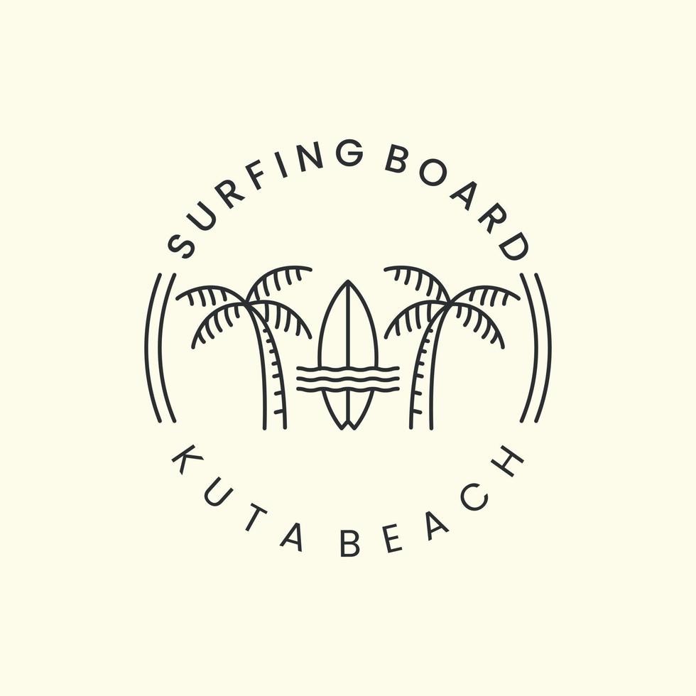 tabla de surf con emblema y diseño de plantilla de icono de logotipo de estilo de arte de línea. playa de kuta, palmera, nube, mar, ilustración vectorial vector