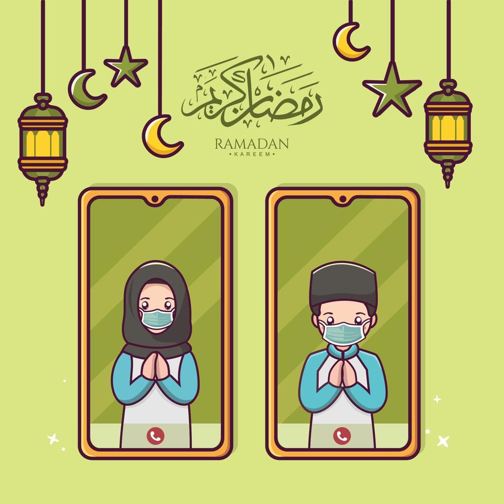 Muslim people communicate online through smartphone video call in ramadan kareem and eid mubarak vector