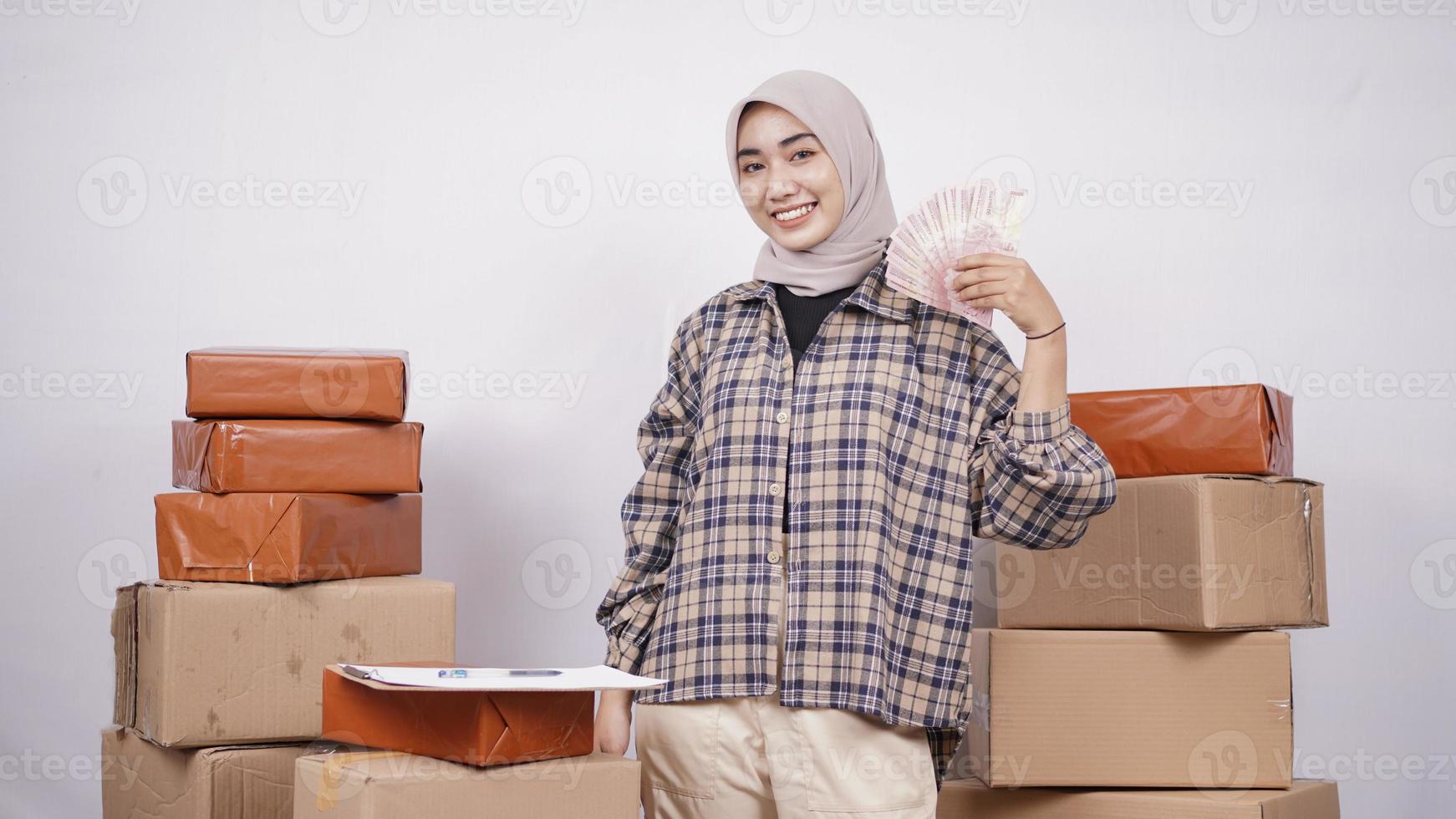 Asian businesswoman excited by her work isolated on white background photo