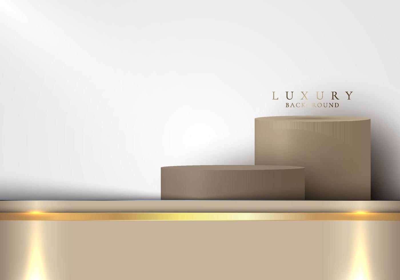 3D realistic brown cylinder podium elegant template golden shiny metallic stripes vector