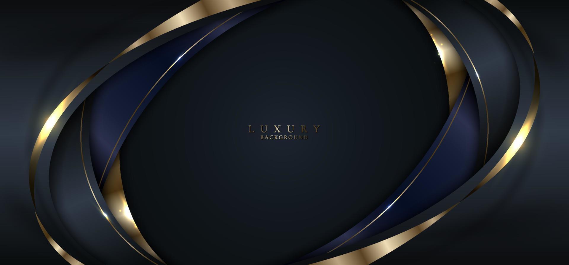 Abstract banner elegant 3D black and gold curve shape with shiny golden ribbon lines vector