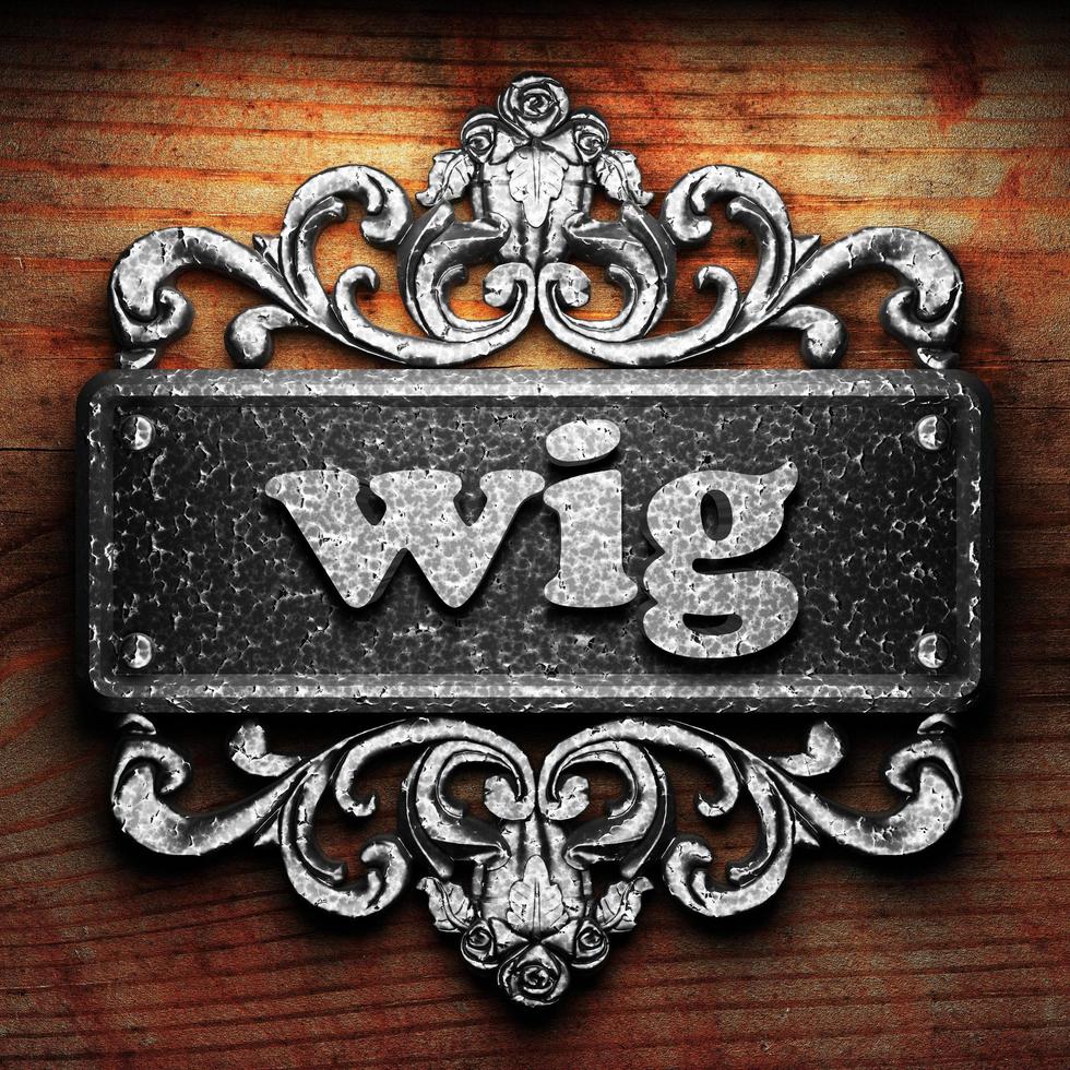 wig word of iron on wooden background photo