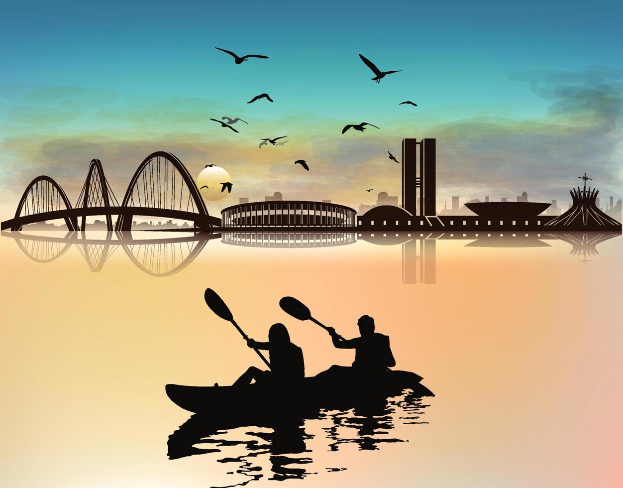 Silhouette People Rowing Boat In River vector