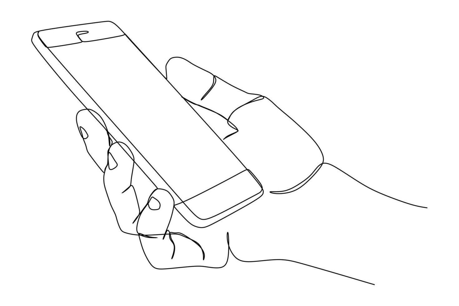 Single continuous line drawing of hand holding phone or smartphone. Modern simple line draw design. Vector illustration minimalism design smart mobile technology theme.