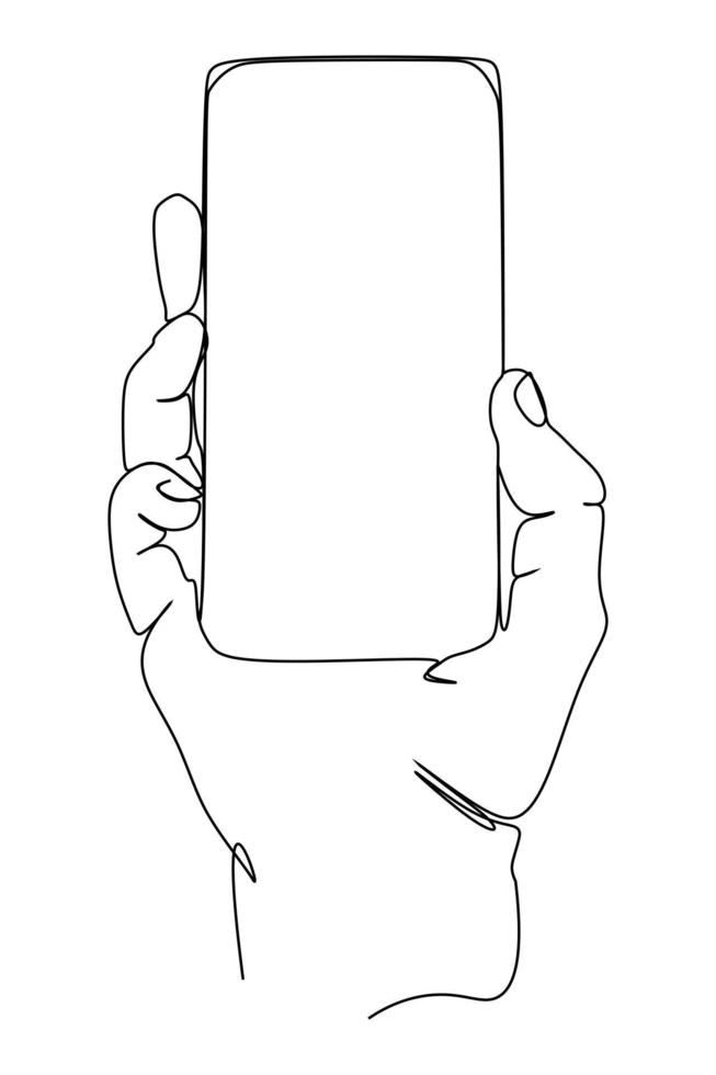 Single continuous line drawing of hand holding phone or smartphone. Modern simple line draw design. Vector illustration minimalism design smart mobile technology theme.