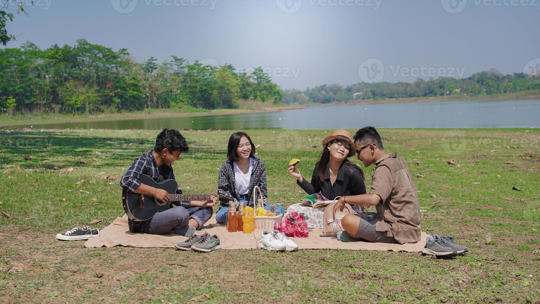 Group of young women and men sitting, eating and playing guitar in the park in spring summer photo