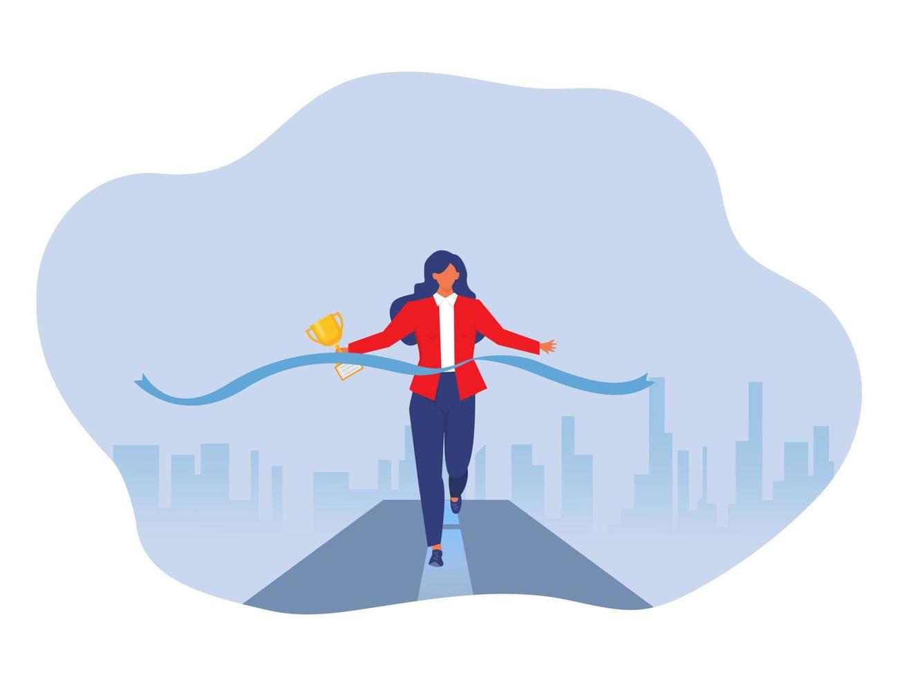 Business woman Running woman winning racing with Marathon leader holding cup, Competition, prize, trophy concept flat vector illustration.