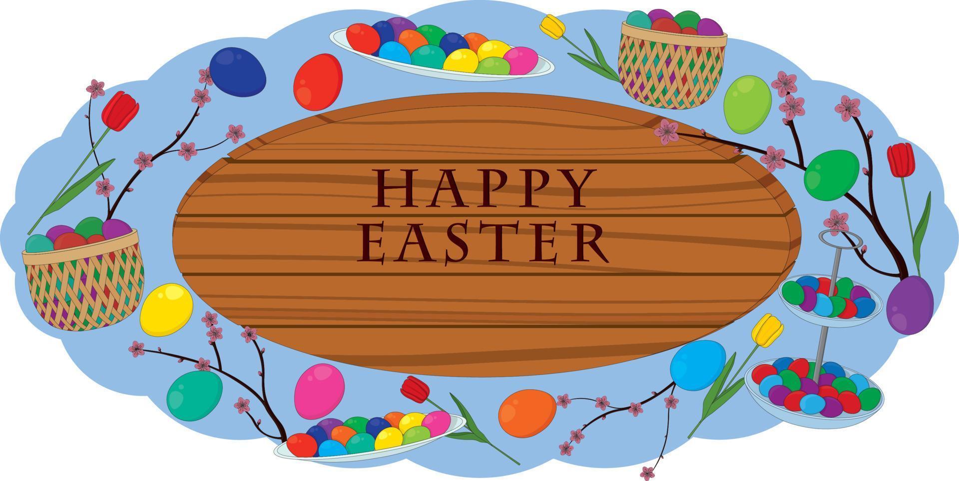 Happy easter wooden signboard decorated with eggs and flowers vector illustration