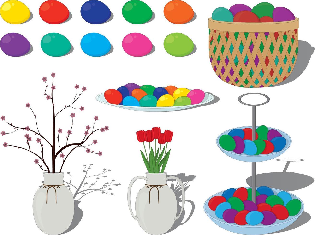 Easter celebration colored eggs and decor collection vector illustration