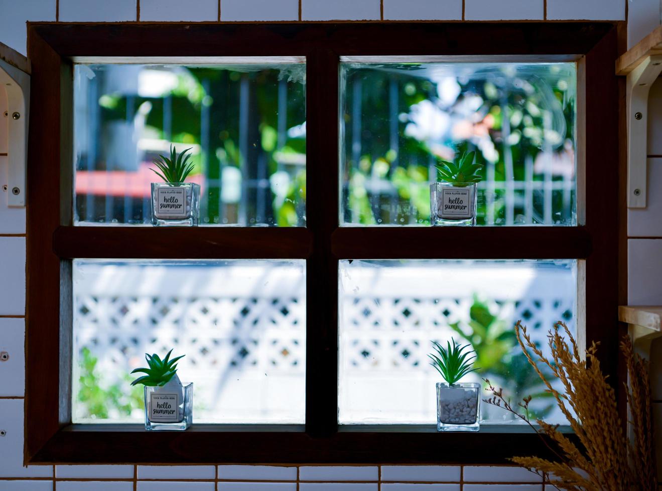 la ventana de la cocina está decorada con macetas. la luz natural exterior ilumina la cocina. foto