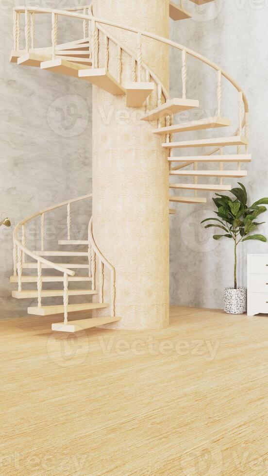fondo de sala de estar limpia y cálida con escaleras de caracol, renderizado 3d foto