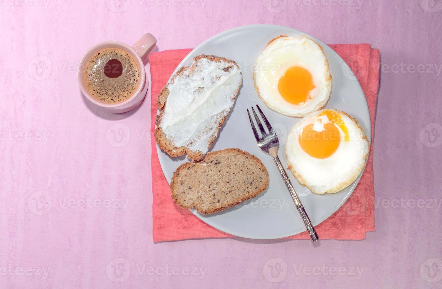 fried egg bread slice in plate have espresso coffee photo