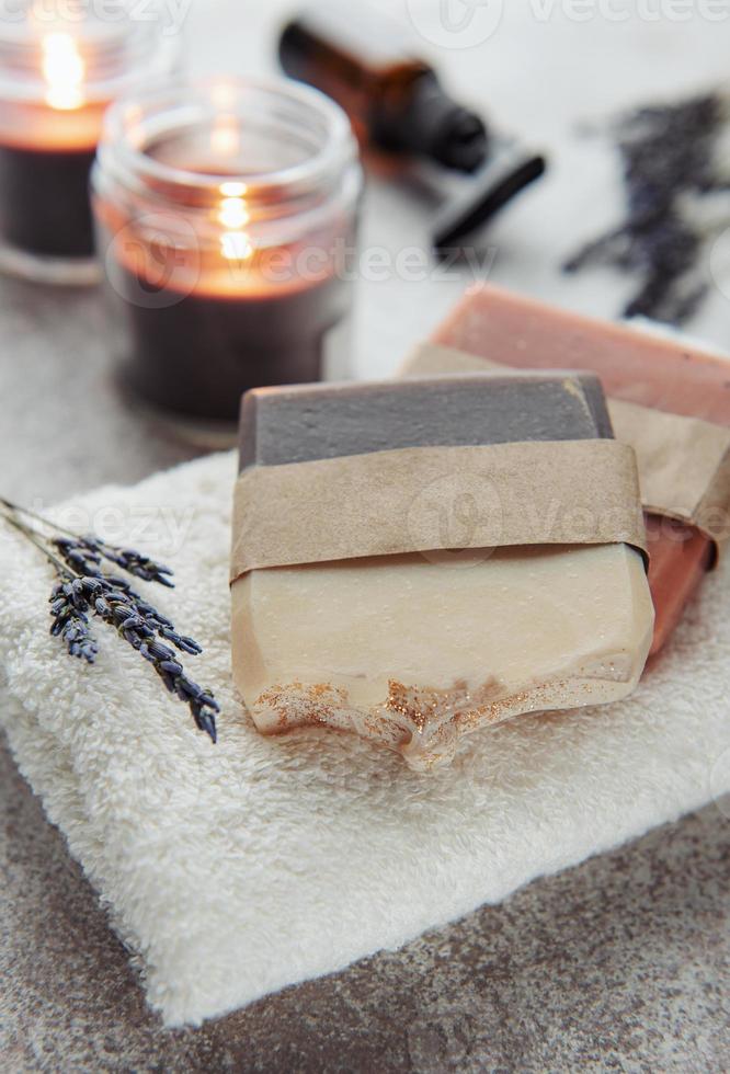 Natural soap with dried lavender flowers photo