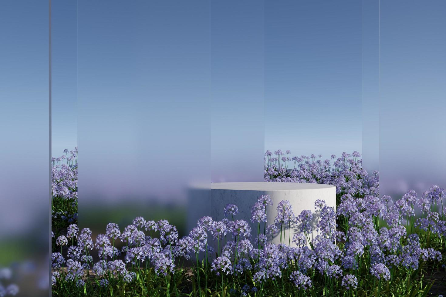 Podium on natural flower field with frosted glass 3D render illustration photo