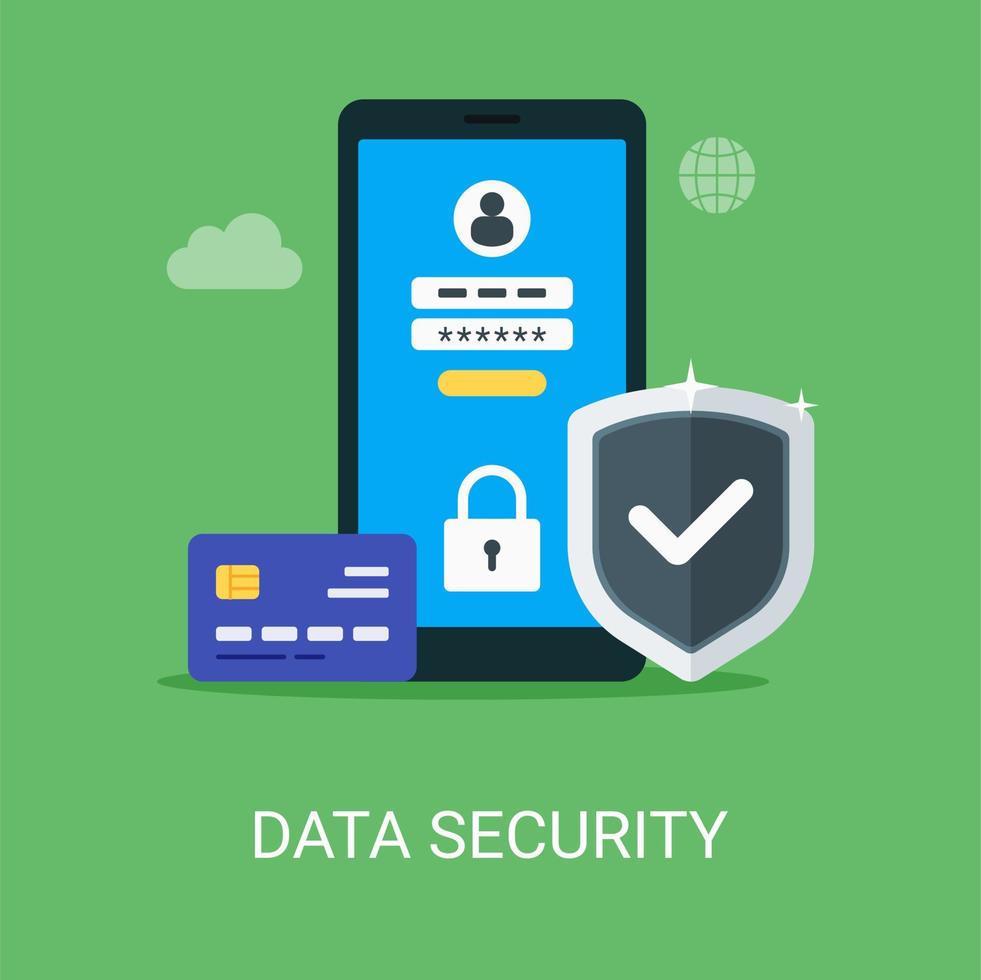 Data security vector illustration concept in flat style. Phone, account, shield, card, padlock icon suitable for many purposes.